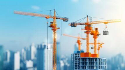 Fototapeta premium Dynamic Urban Development: Realistic City Skyline with Construction Cranes and Skyscrapers in Progress