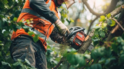 A close-up shot of an arborist cutting a branch with a chainsaw, surrounded by lush green foliage