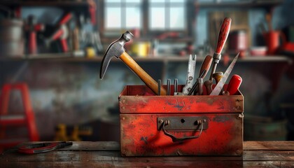 Essential Construction Tools in Well-Organized Toolbox at Workshop Background