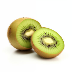 Fototapeta premium Whole Kiwi Fruit And Perfectly Halved Kiwi Showing Juicy Green Flesh And Black Seeds
