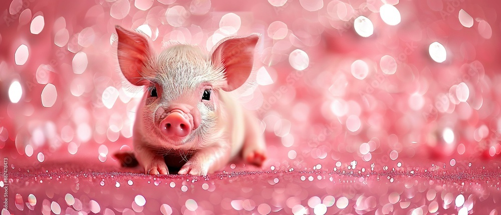 Sticker   A pig resting on a pink background with a blurry background and pink bokeh lights in the backdrop