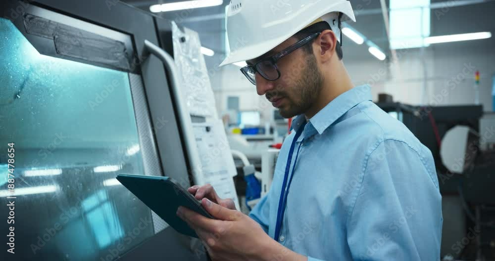 Poster portrait of a male technician in a white hard hat and glasses setting up an automated cnc milling ma