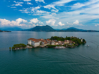 Aerial view of Borromeo islands on Lake Maggione