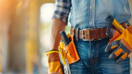 Obraz premium Construction Worker's Detailed Tool Belt Close-up with Safety Gear in Background