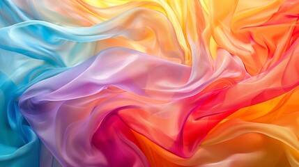 Obraz premium A close-up of iridescent fabric with flowing abstract pattern, showcasing a spectrum of colors from blues and purples to oranges and reds