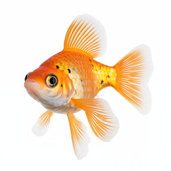 Bright Orange Goldfish with White Fins and Black Spots Swimming in Clear Water on a White Background