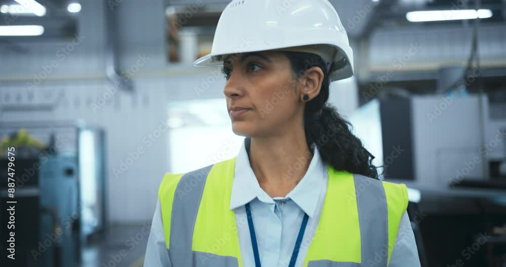 Aufkleber female worker in a reflective vest and hard hat walking through a high tech factory, inspecting adva