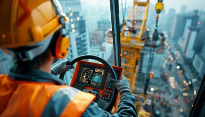 Fototapeta premium Crane Operator's Perspective on High-Rise Construction Site Amid Urban Bustle