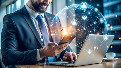 businessman holding tablet with social network icons