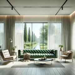 Modern Minimalist Living Room with a Green Sofa and Scenic View.