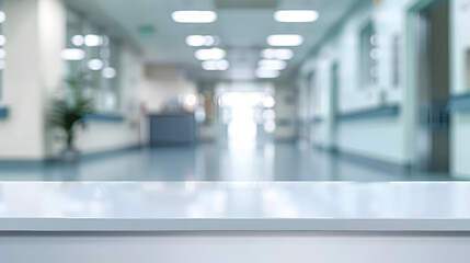 Empty blank white table top counter with blurred hospital clinic medical interior background for product display mockup