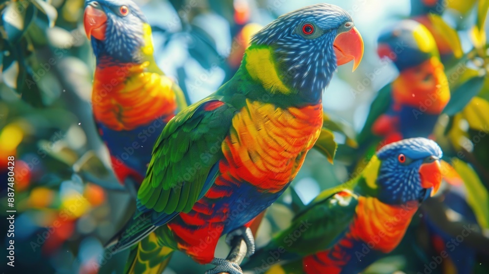 Poster a group of colorful birds perched on top of a tree, offering a vibrant and lively image