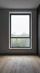 Fototapeta premium Large window in an empty apartment room in dark tone, with no furniture and copy space. Minimalist interiors design composition for Real Estate advertising.