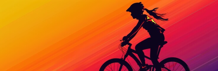 Obraz premium Photo of A girl on a bike silhouette against gradient background, with copy space for text or design. Web banner style with copyspace on the right side