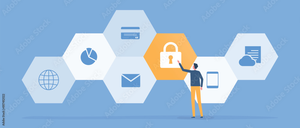 Poster flat vector illustration business data security and data protection design concept