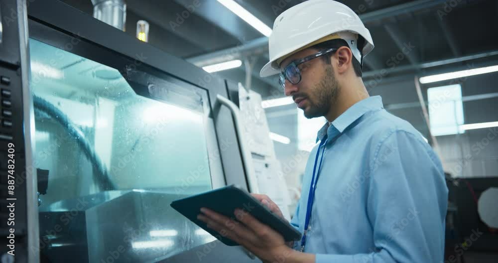Leinwandbilder industrial engineer at work. multiethnic male using tablet computer to update settings, downloading 