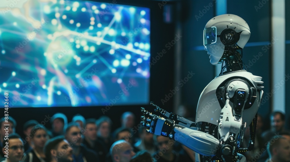Poster human robot giving a presentation at a tech event with minimalist background