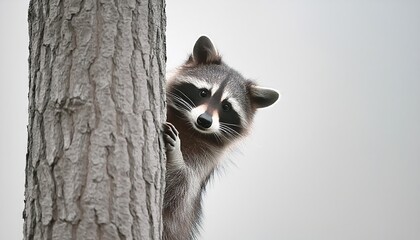 Playful Raccoon Peeking Behind Tree 