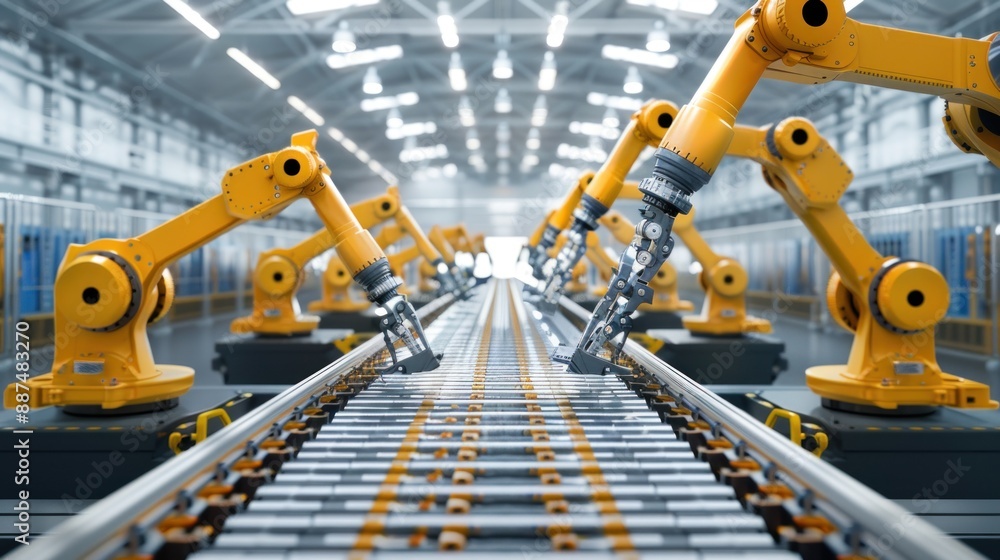 Poster manufacturing robots operating with high efficiency in a modern plant with minimalist background