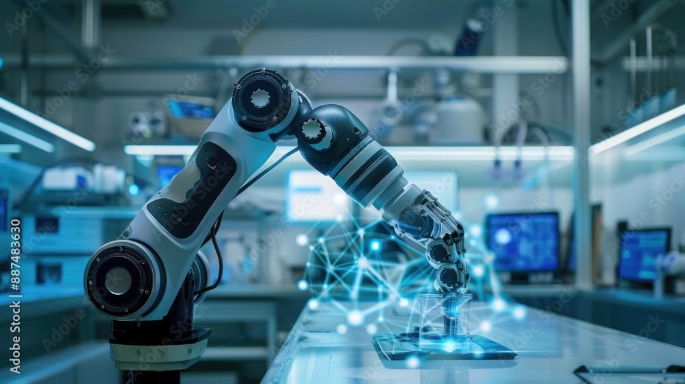 Poster robot arm performing intricate tasks in a high-tech laboratory with minimalist background