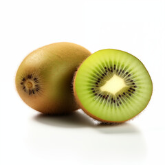 Fototapeta premium Closeup Of Two Whole Kiwi Fruits One Cut In Half Showing The Juicy Green Interior