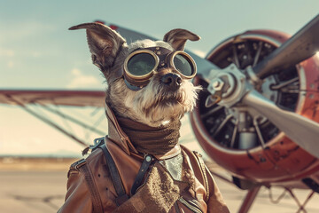 A dog dressed as an aviator with goggles and a leather jacket, standing in front of a vintage airplane, capturing a whimsical and adventurous spirit.