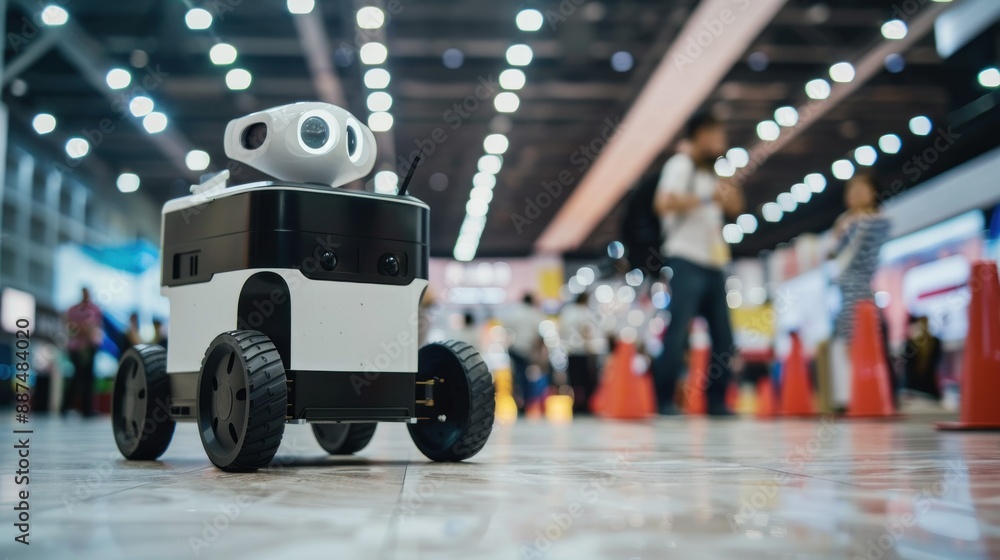 Poster robot delivery system being demonstrated at a tech event with minimalist background