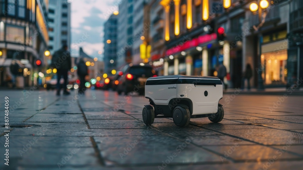 Poster robot delivering packages in a busy urban area with minimalist background