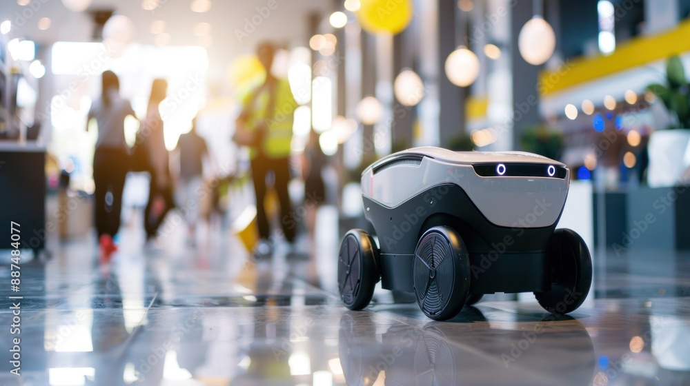 Poster robot delivery system being demonstrated at a tech event with minimalist background