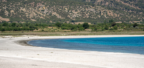 Turquoise colored Salda Lake located in Burdur Turkey. Turkish name Salda Golu