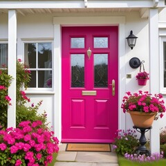 A joyful, pink front door on a delightful, white wooden cottage with a welcoming, homey ambiance and a tidy, landscaped yard