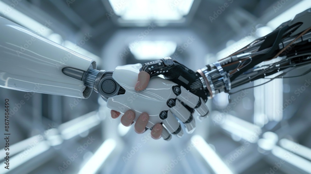 Poster robot hand shaking hands with a human in a futuristic setting with minimalist background