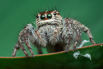 Jumping spider on green leaf.