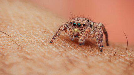 Jumping spider on human hand.