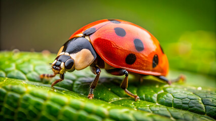 Fototapeta premium Close-up photo of a red ladybug with black spots Ladybug perched on a green leaf Small red beetle with black spots Beneficial insect in a garden setting
