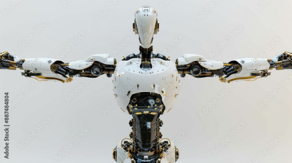 Poster robot isolated with outstretched arms, highlighting intricate mechanical design