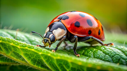 Fototapeta premium Close-up photo of a red ladybug with black spots Ladybug perched on a green leaf Small red beetle with black spots Beneficial insect in a garden setting