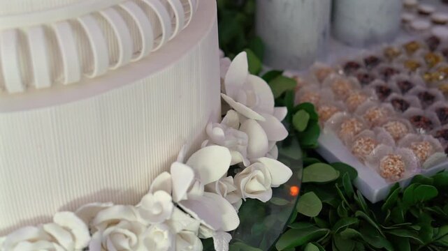 toma de detalle de un hermoso pastel de bodas con decoracion 