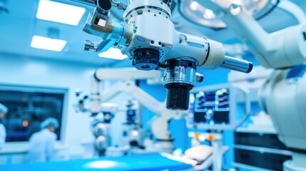 Robot surgery system being demonstrated at a medical conference with minimalist background