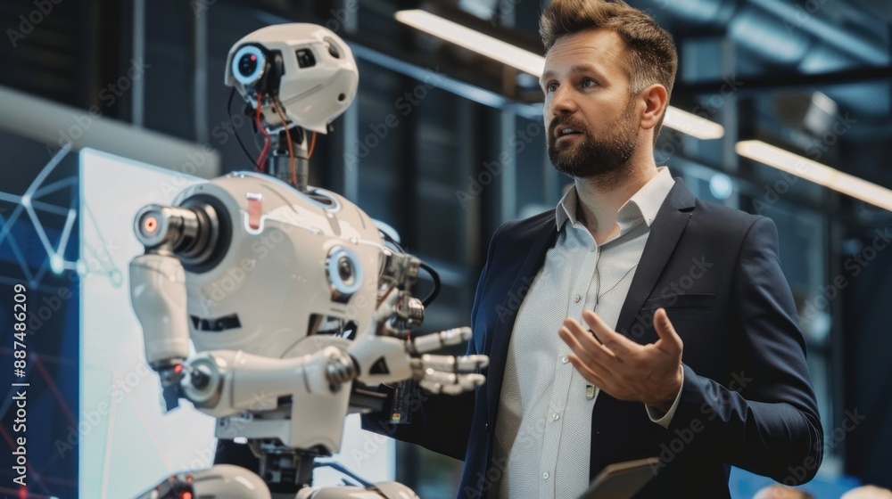 Poster robotics expert presenting innovative robot solutions at a tech expo with minimalist background