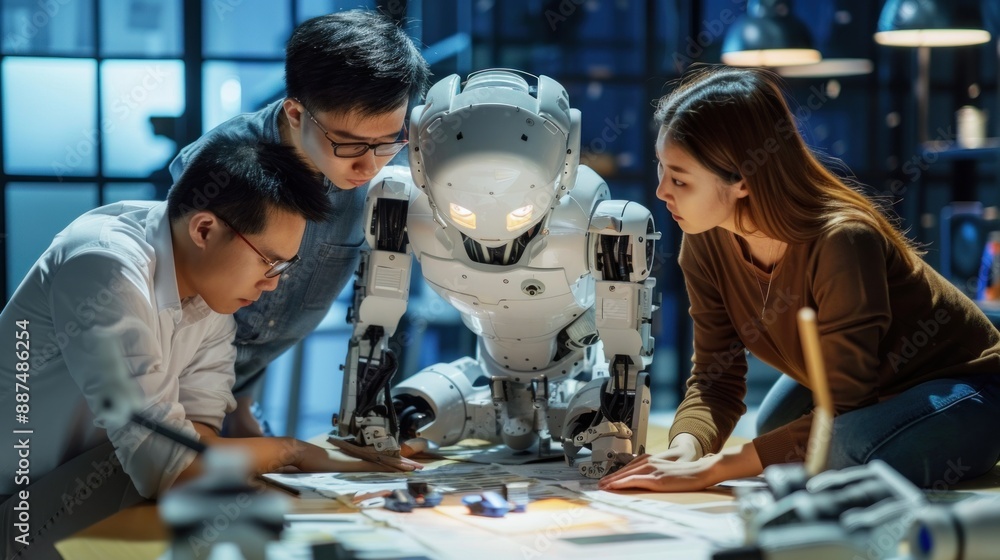 Poster robotics startup team brainstorming new robot designs