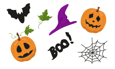 Vector set of design elements for Halloween. Image of a pumpkin with faces, a hat, a cobweb and a bat. Creepy hand drawings on a white background.