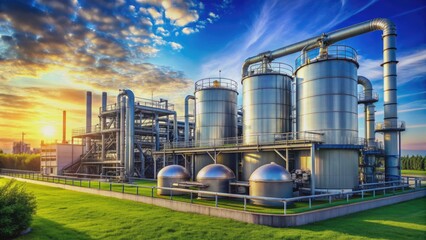 Fototapeta premium Modern industrial facility for eco-friendly hydrogen fuel production and storage, featuring large tanks, pipes, and technical equipment amidst a serene natural landscape background.