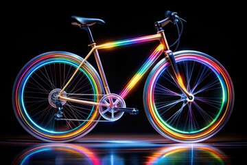 Fototapeta premium Vibrant reflective tape strips wrapped around bicycle frame and wheels, glowing in motion blur, on a transparent background, conveying safety and style in urban cycling.