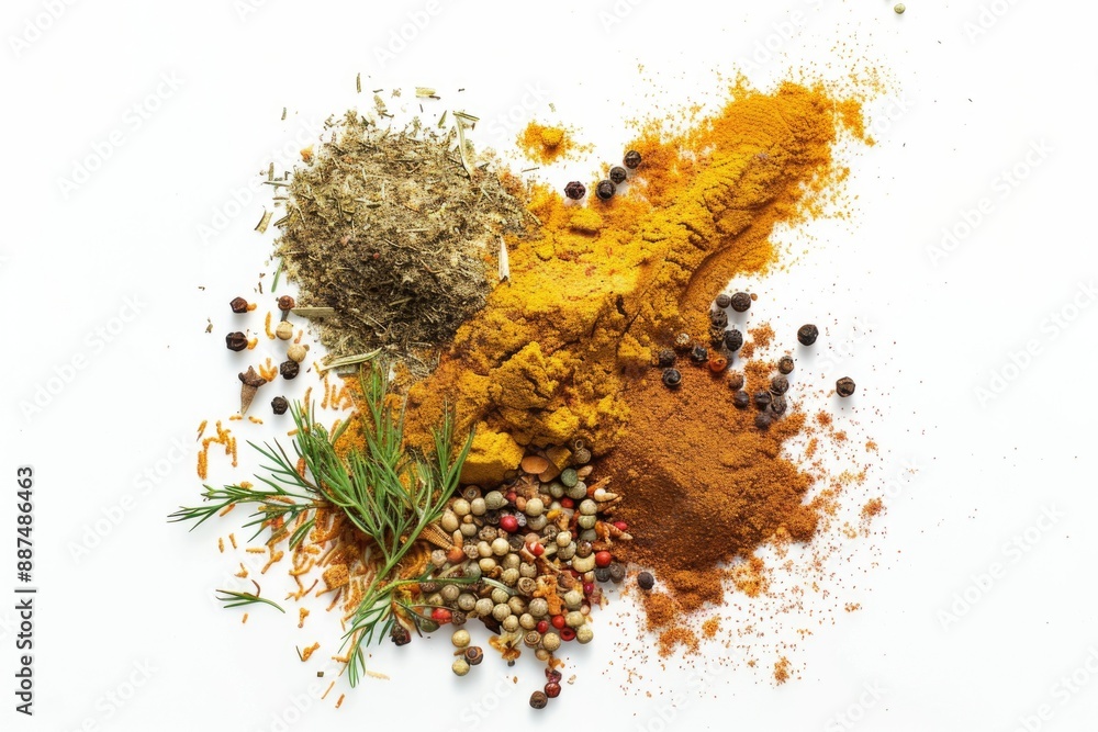 Poster a selection of various spices and herbs arranged on a clean, white surface