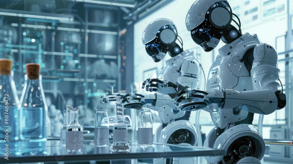 Poster robots performing tasks in a high-tech laboratory