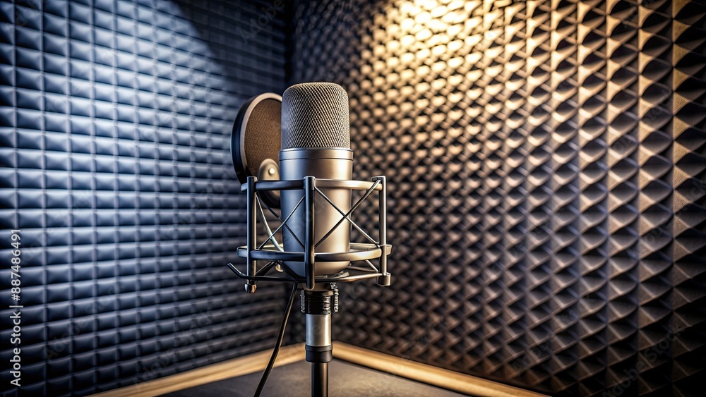 Wall mural Isolated studio microphone with pop shield positioned on a stand in an empty recording studio, ready for a performance, with ample copy space around it.