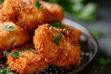 A bowl of crispy fried tater tots topped with fresh parsley, perfect for snacking or as a side dish