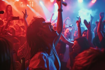 A person holding a microphone and addressing a group of people, potentially giving a speech or presentation