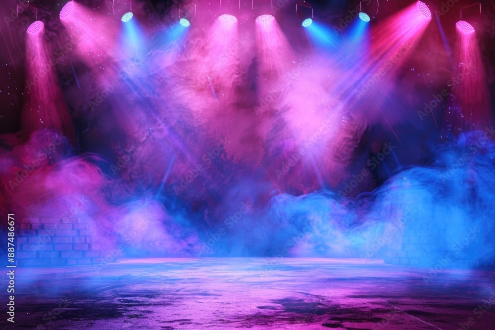 Poster a dimly lit stage filled with haze and spotlights, perfect for concert or performance use